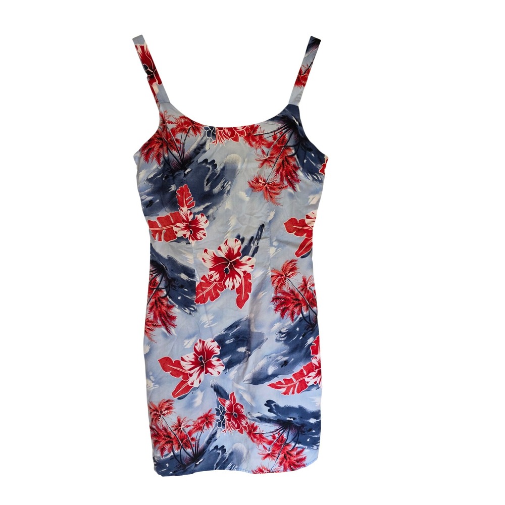 Aqua Blues Tropical Hibiscus Palm Mini Dress‎ Blue Red S Womens Vacation Beachy